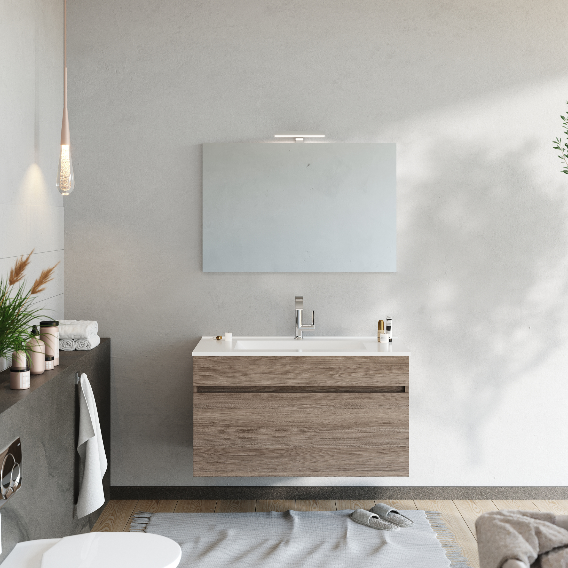 Set da bagno sospeso moderno "Velira" con lavabo integrato e specchio LED