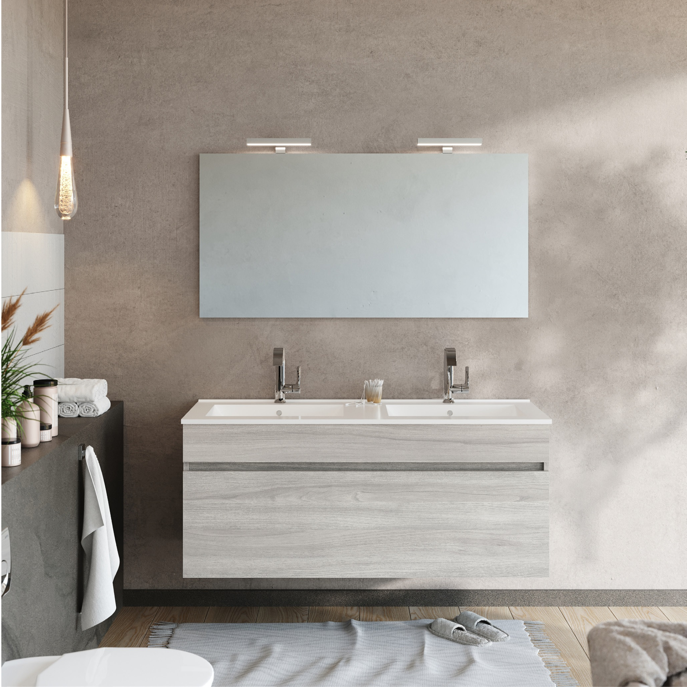 Set da bagno sospeso moderno "Velira" con lavabo integrato e specchio LED