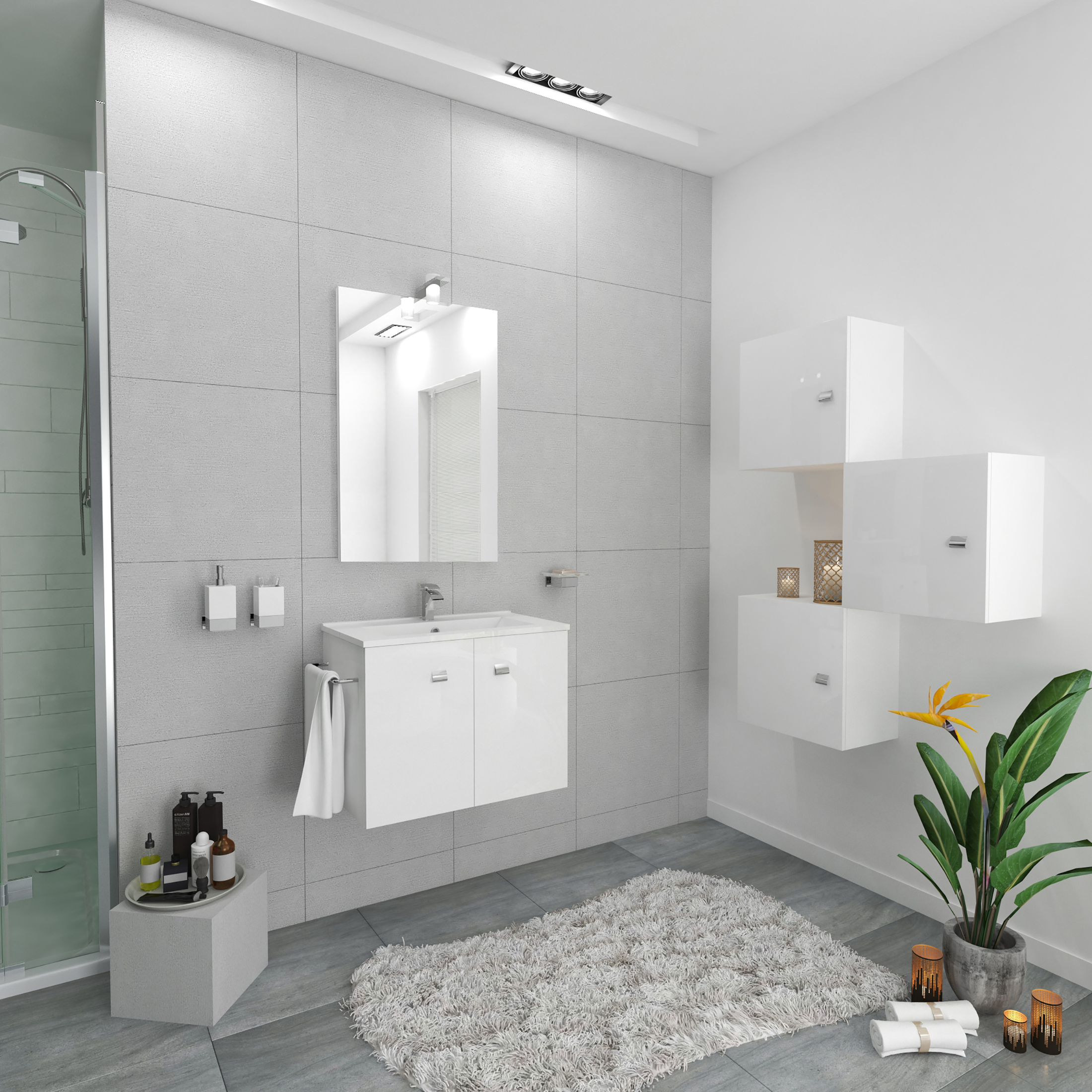 Mobile bagno sospeso "Moa60" con lavabo integrato rettangolare ante con maniglie cromate e specchio LED