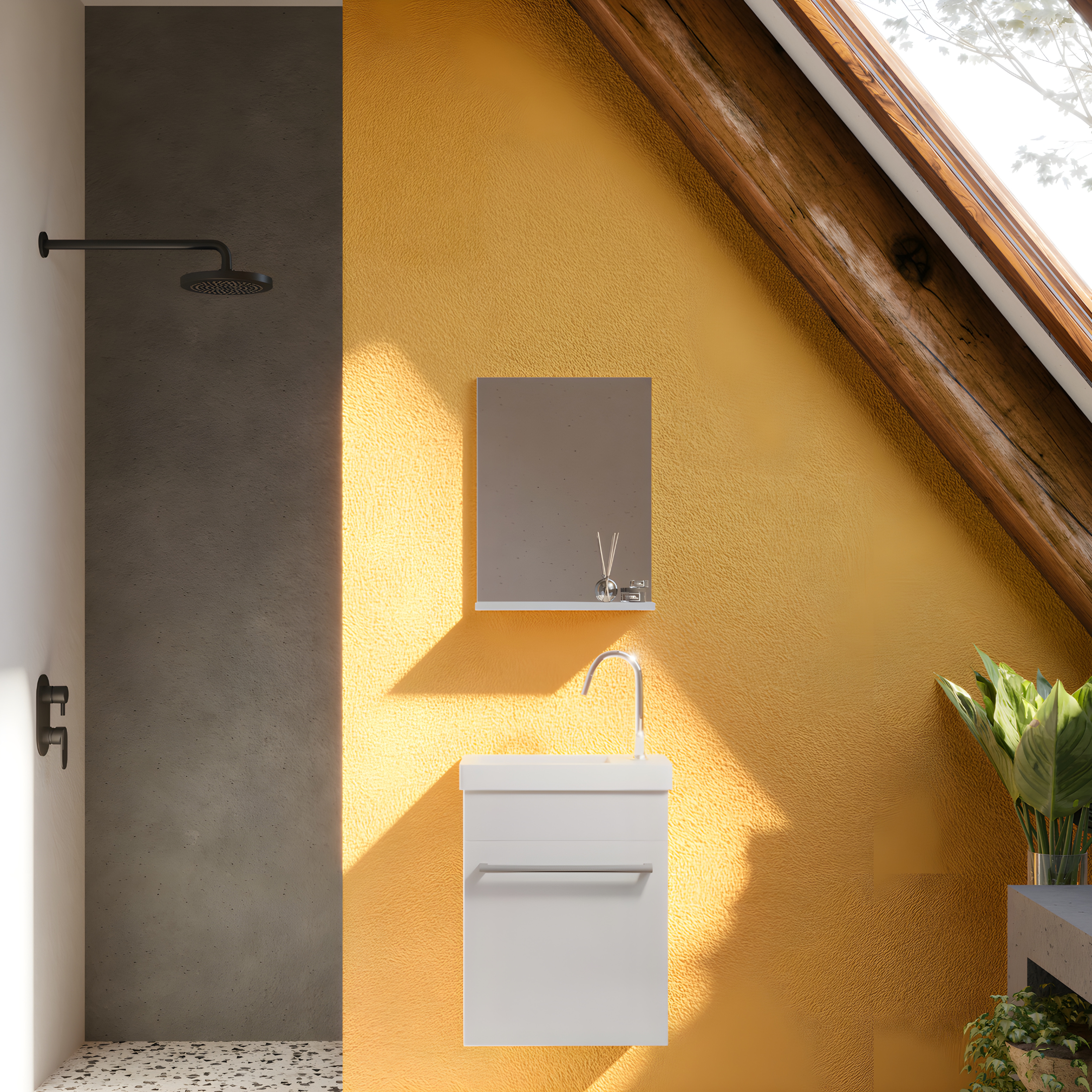 Mobile da bagno sospeso "Kalua" con lavabo in ceramica integrato e specchiera con mensola cm 42x23 105h