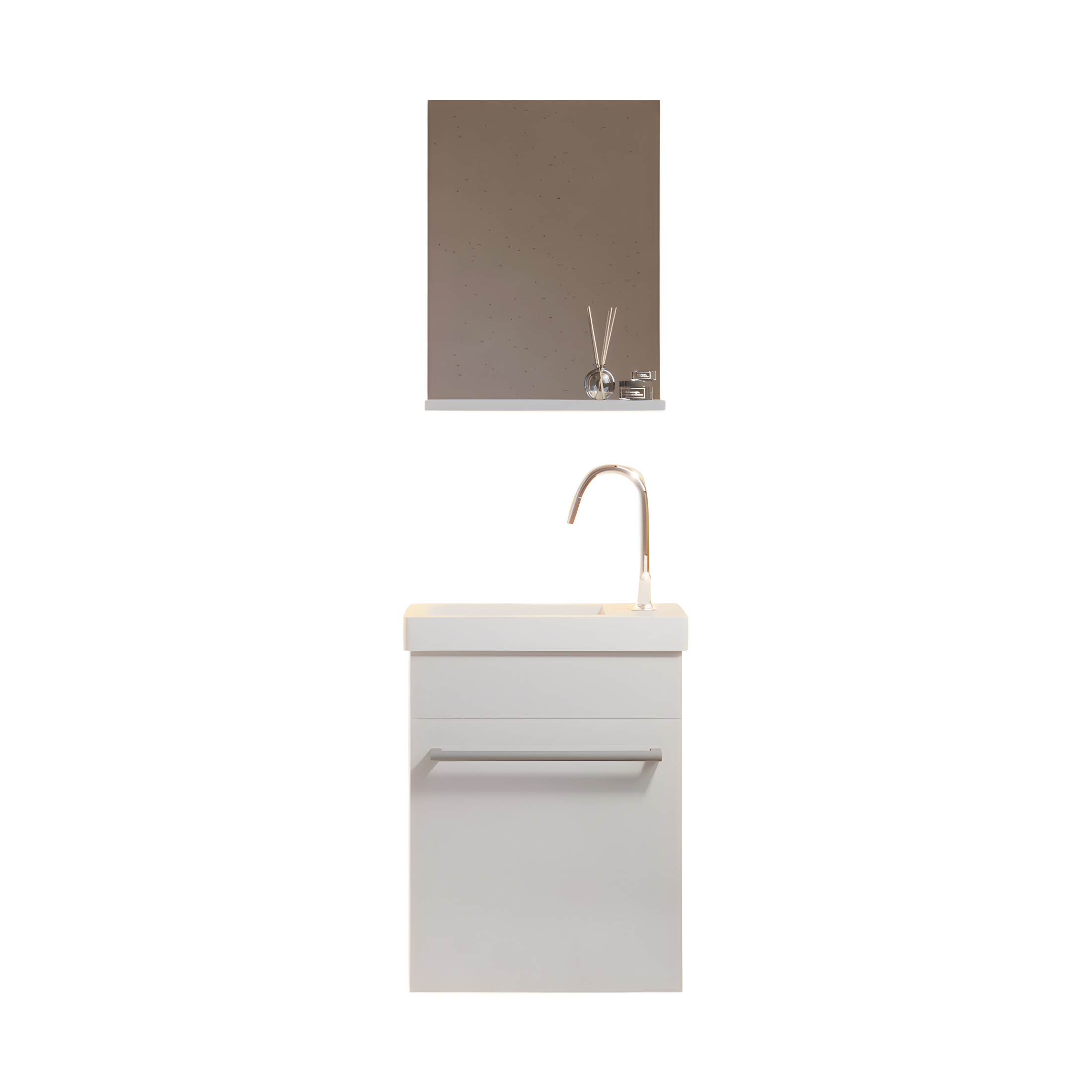 Mobile da bagno sospeso "Kalua" con lavabo in ceramica integrato e specchiera con mensola cm 42x23 105h