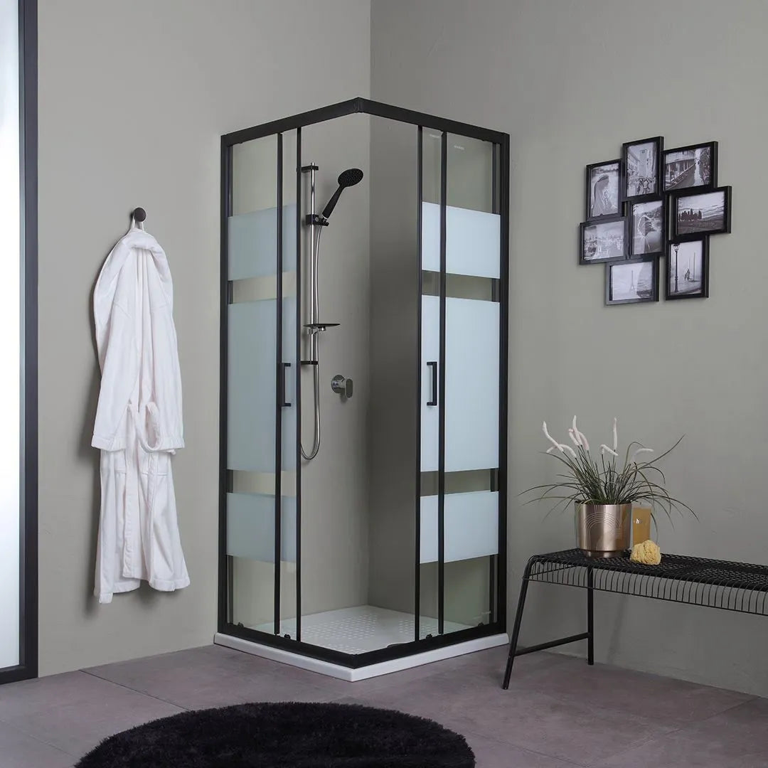 Box doccia da bagno moderno "Cielo" scorrevole serigrafato con profilo nero opaco