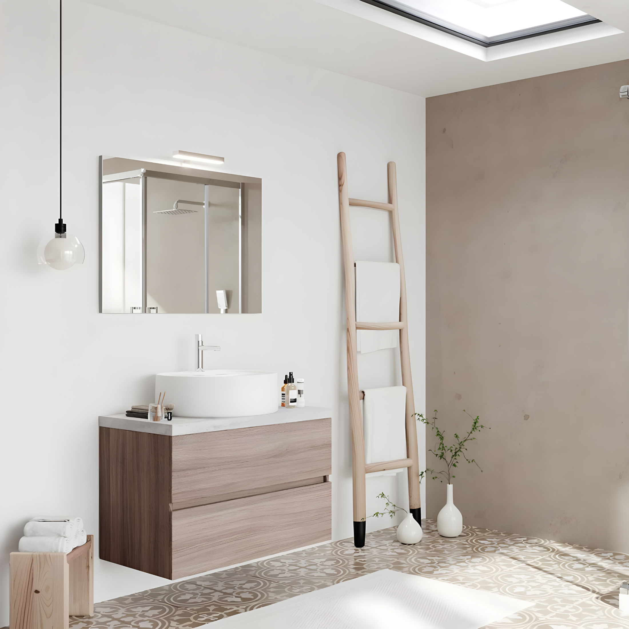 Mobile da bagno sospeso "Tara3" con lavabo da appoggio ovale , top e specchio LED