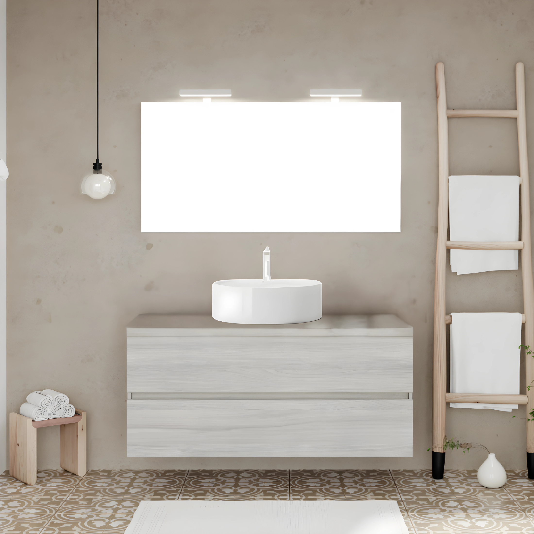 Mobile da bagno sospeso "Tara3" con lavabo da appoggio ovale , top e specchio LED