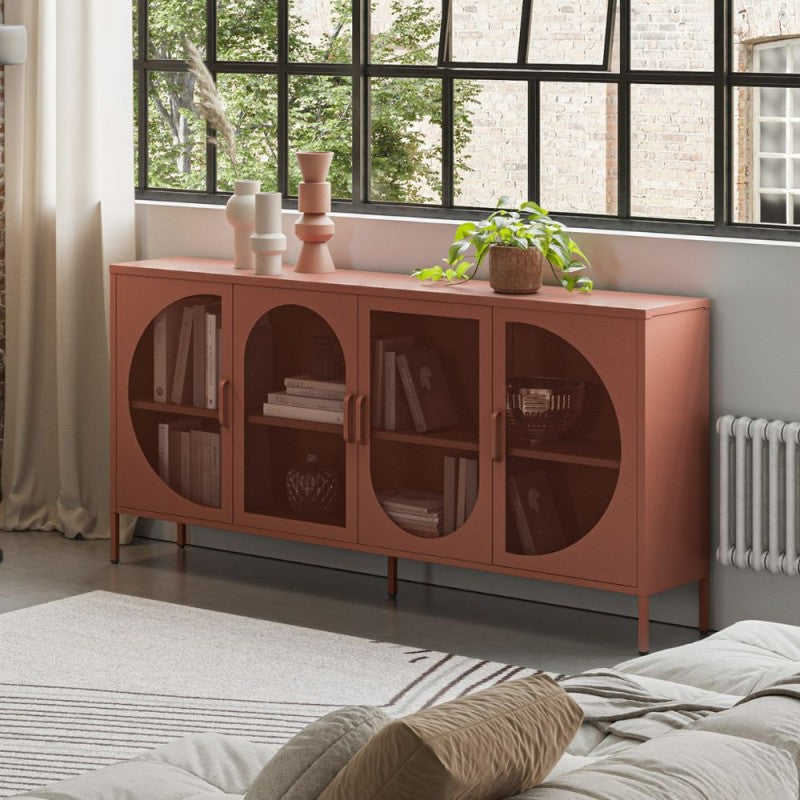 Madia 4 ante in metallo "Tayra" moderna 3 ripiani terracotta cm 160x40 90h