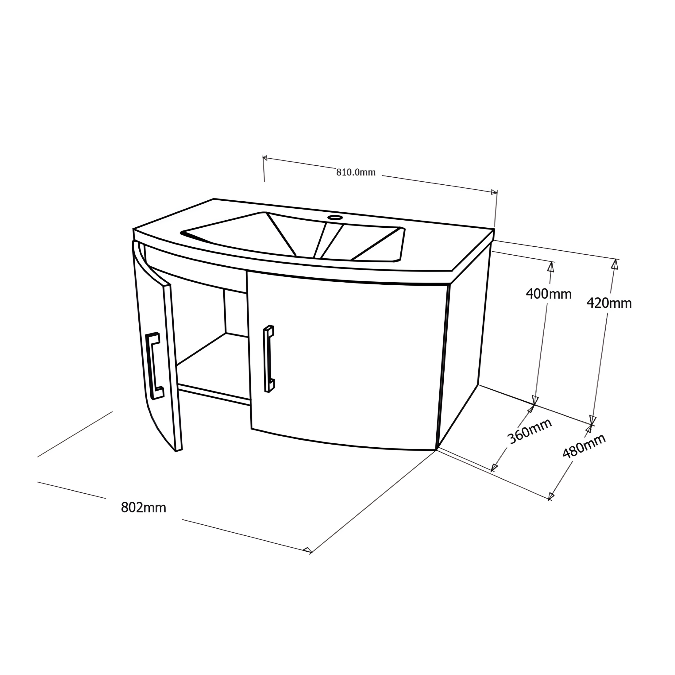 Mobile sospeso da bagno "Ettore" a 2 ante con specchio LED e lavabo in ceramica cm 80x49 42h