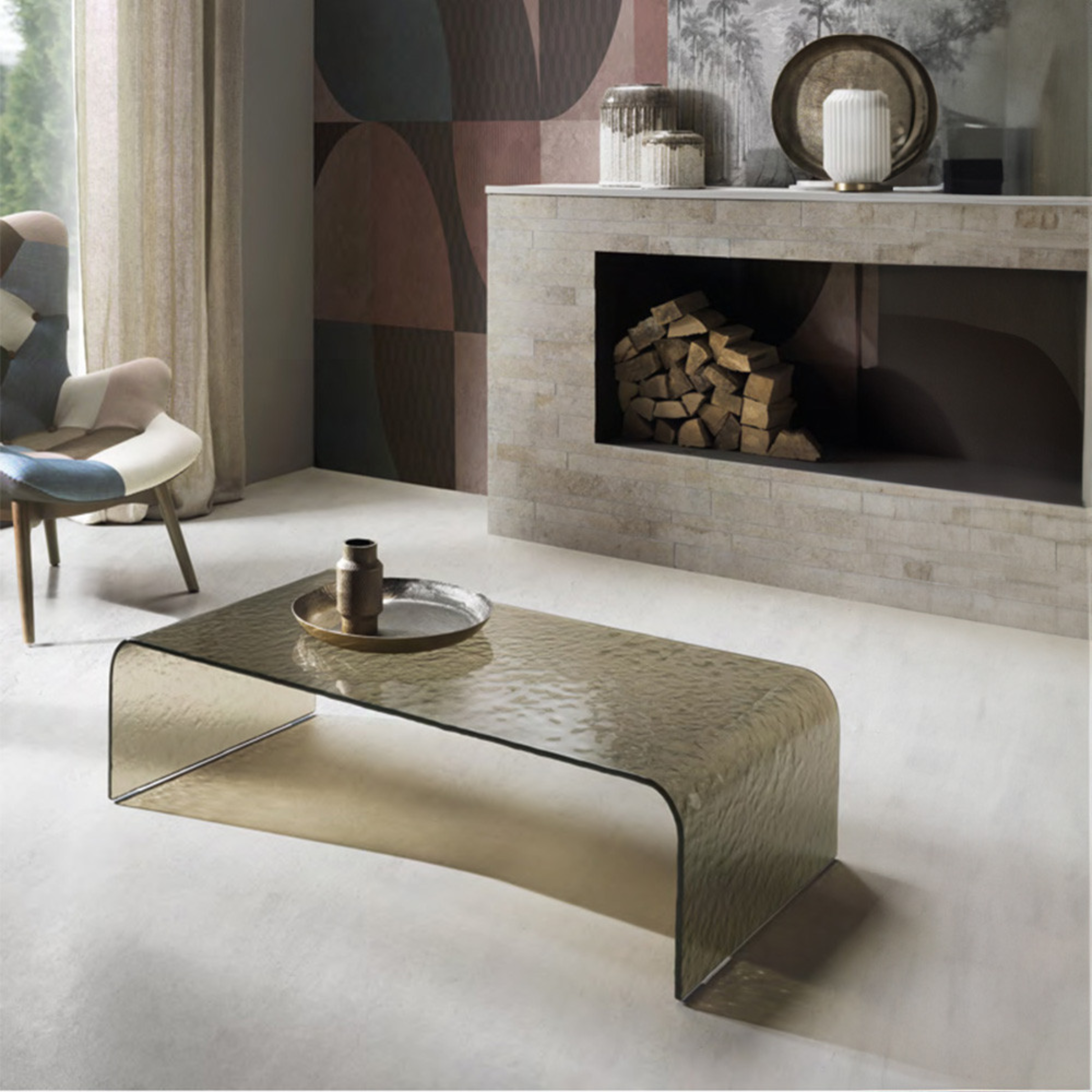 Table basse moderne rectangulaire "Giano" en verre martelé 110x55 cm 30h