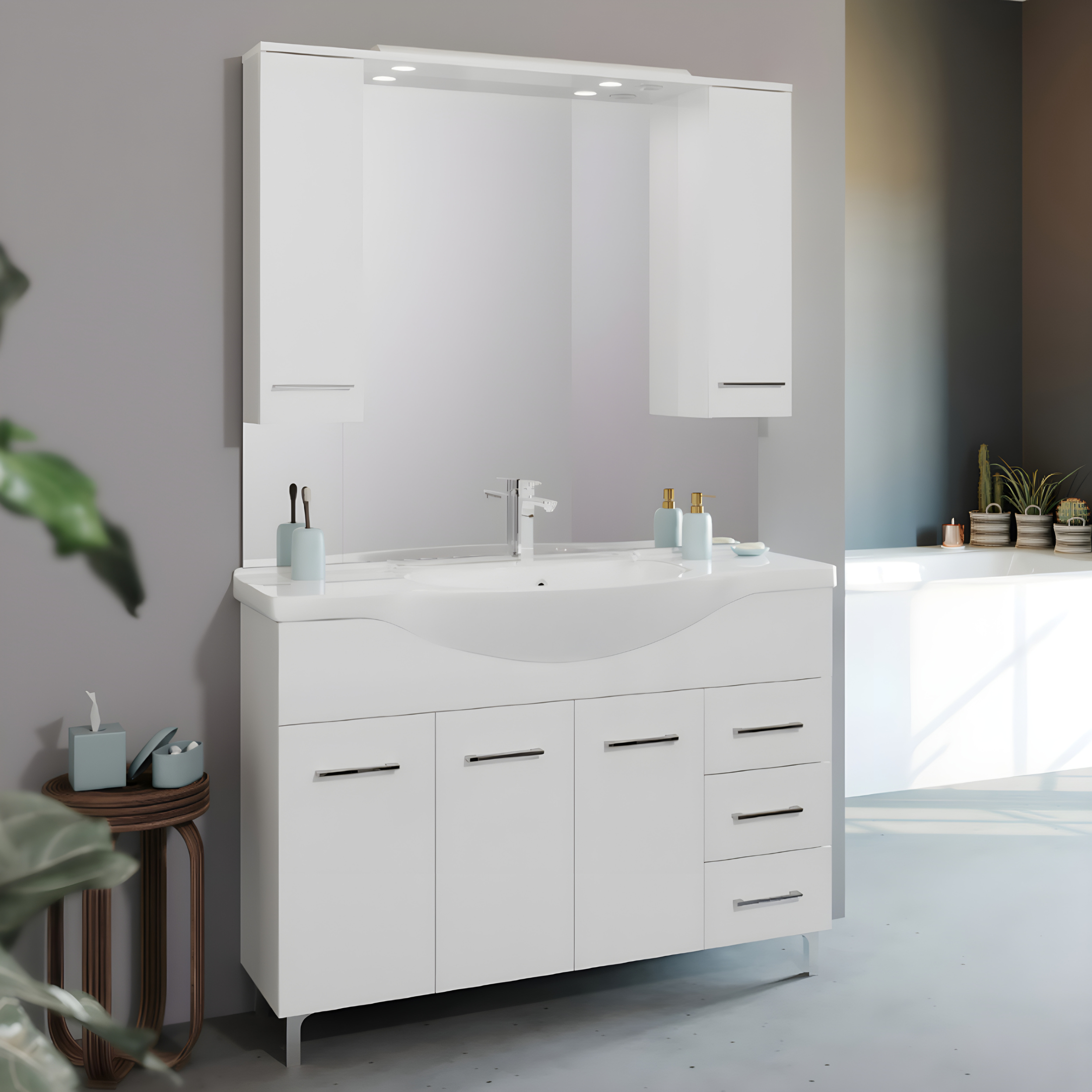 Mobili bagno "Kiro" in nobilitato con finitura bianco lucido , lavabo in ceramica da incasso e specchio