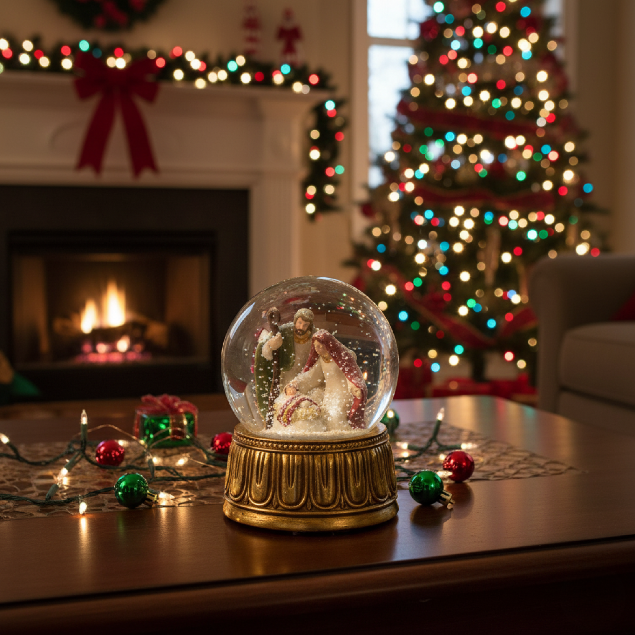 Sfera d'acqua con natività e carillon base in resina dipinta a mano, decorazione natalizia cm Ø10x14,5h