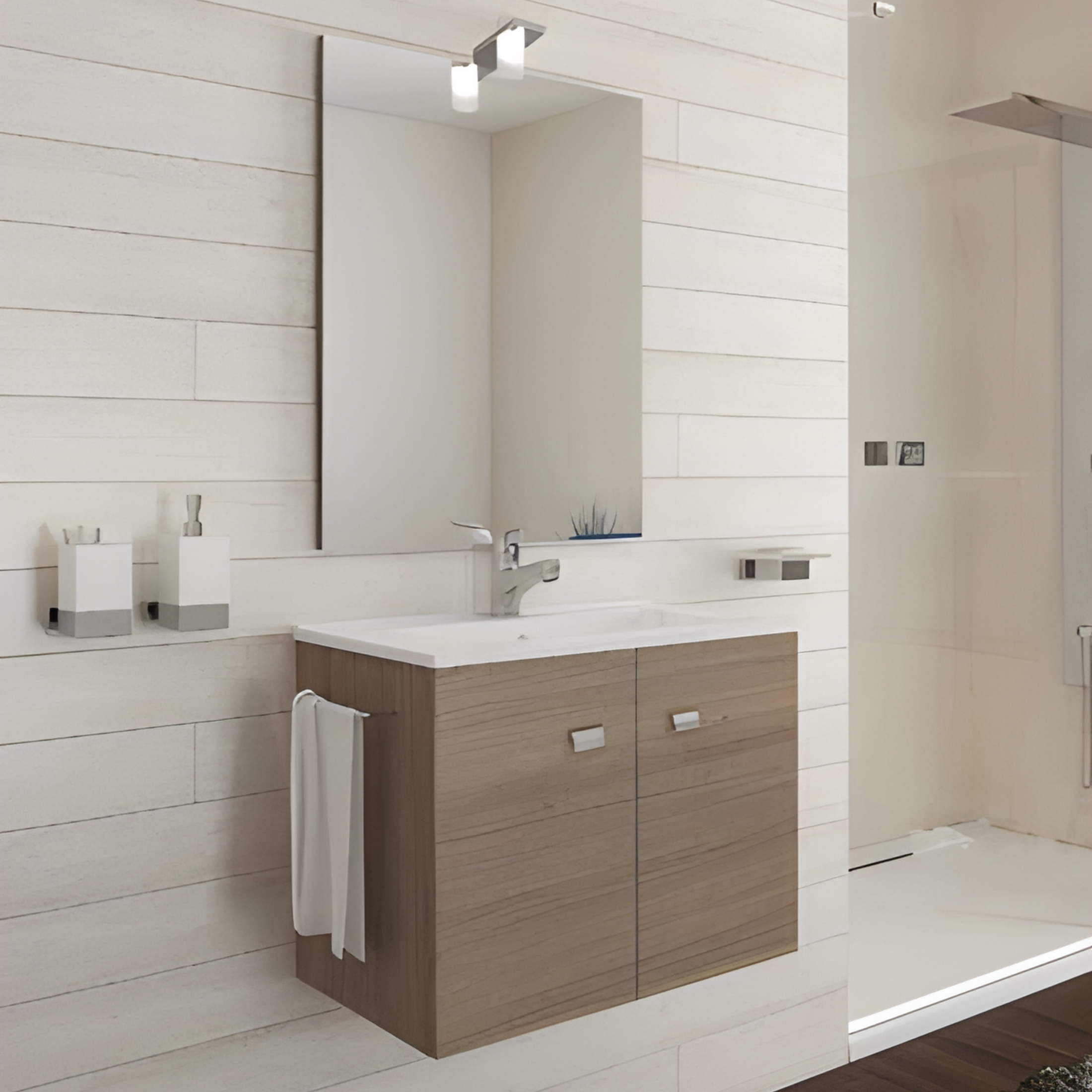 Mobile bagno sospeso "Moa60" con lavabo integrato rettangolare ante con maniglie cromate e specchio LED