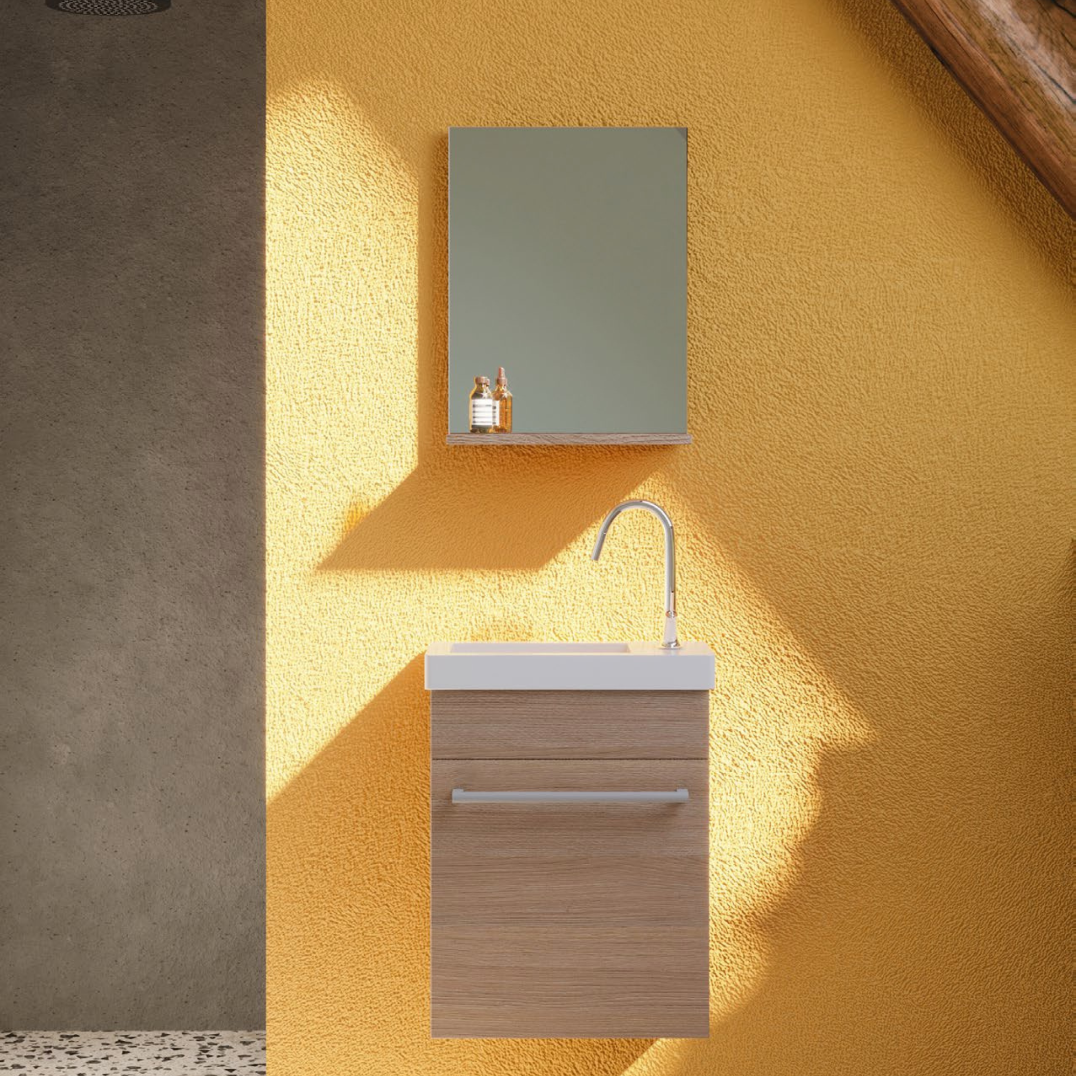 Mobile da bagno sospeso "Kalua" con lavabo in ceramica integrato e specchiera con mensola cm 42x23 105h