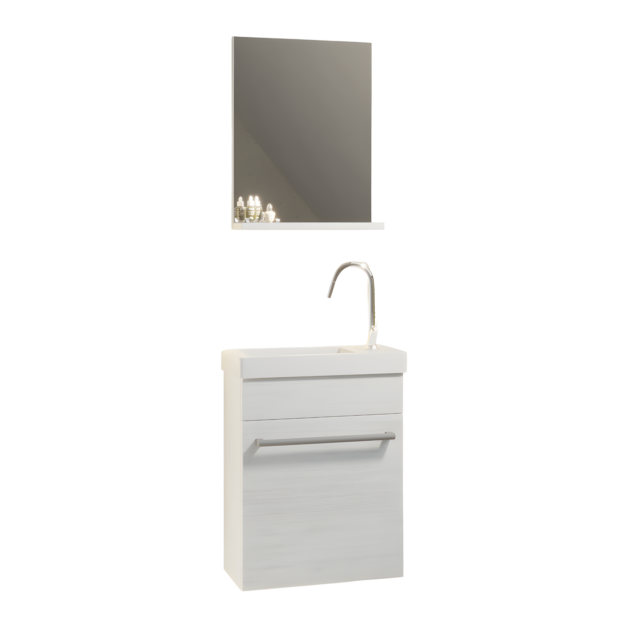 Mobile da bagno sospeso "Kalua" con lavabo in ceramica integrato e specchiera con mensola cm 42x23 105h