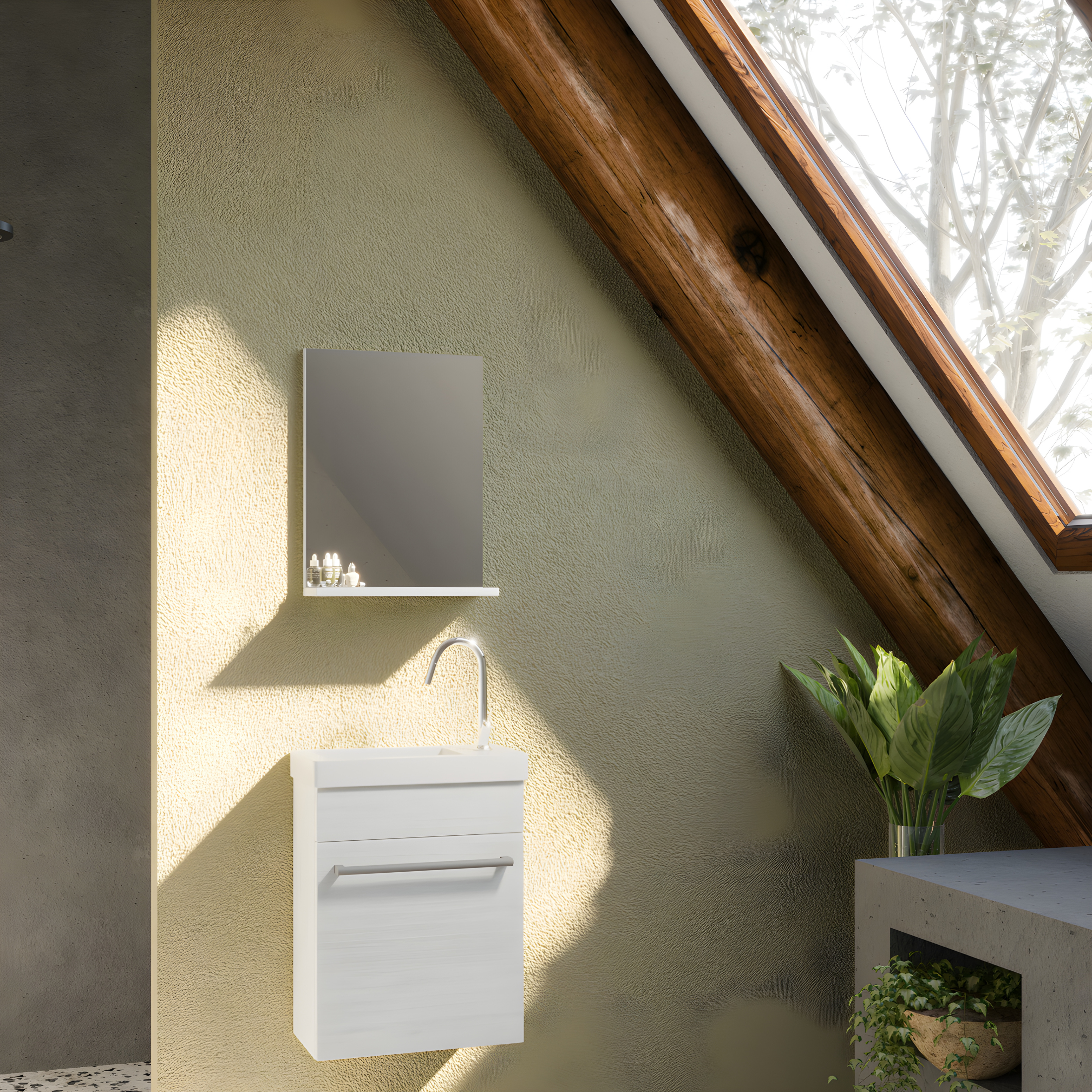 Mobile da bagno sospeso "Kalua" con lavabo in ceramica integrato e specchiera con mensola cm 42x23 105h