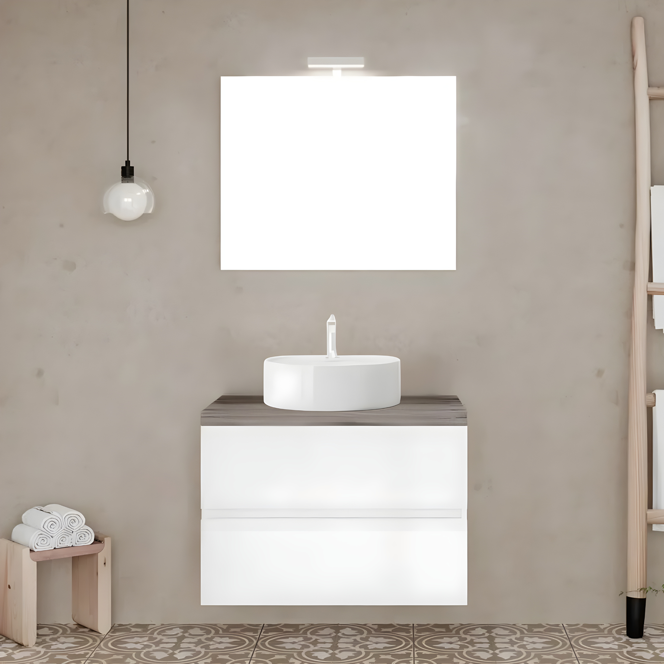 Mobile da bagno sospeso "Tara3" con lavabo da appoggio ovale , top e specchio LED