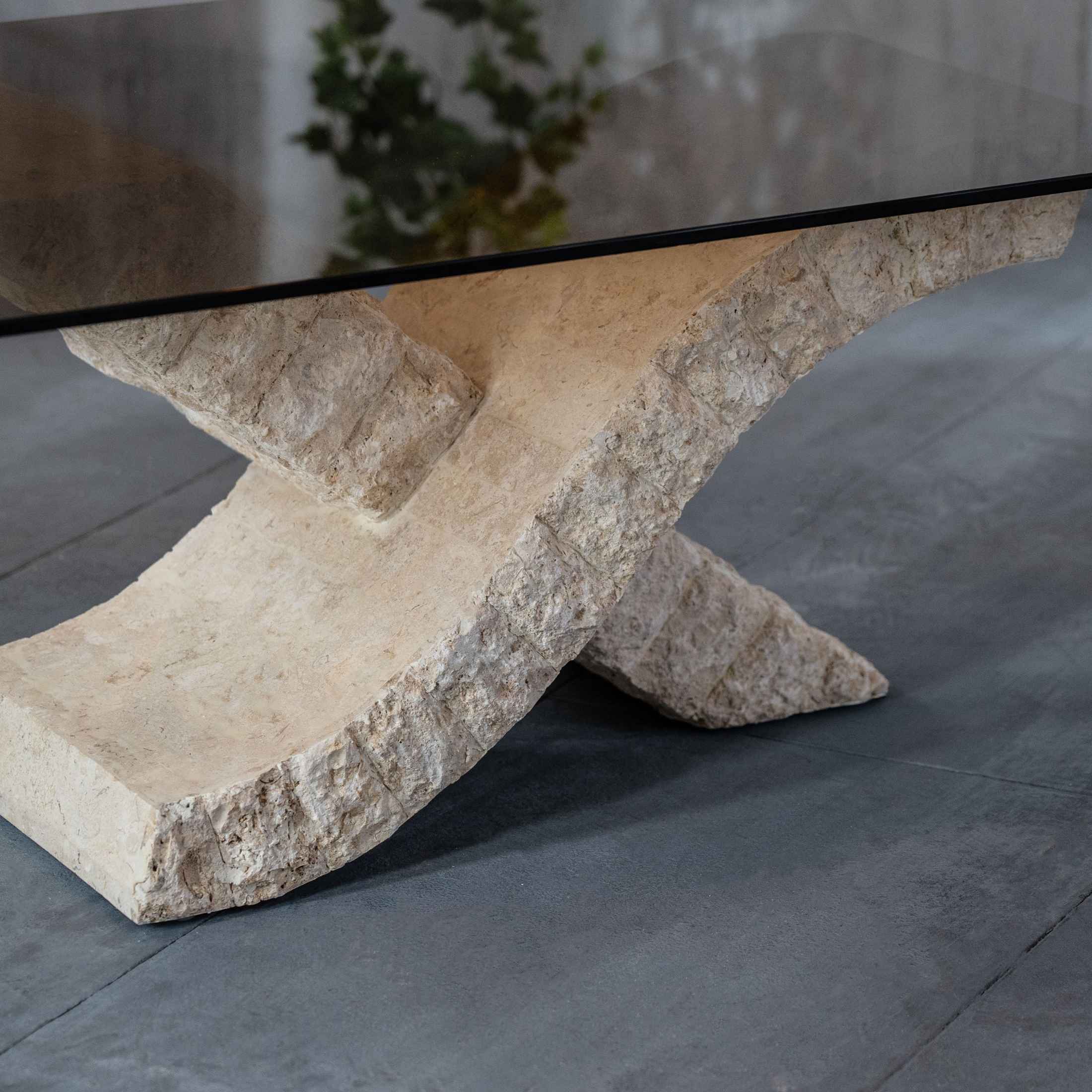 Tavolino basso in pietra fossile "Xenon" top in vetro temperato cm 120x70 40h