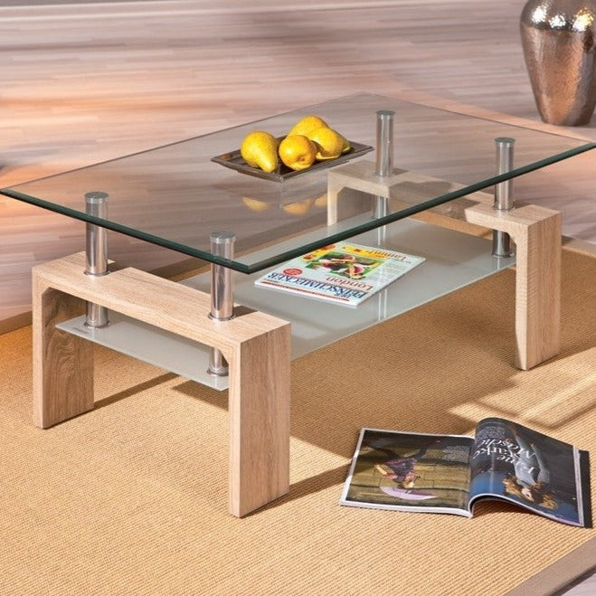 Tavolino da soggiorno basso in legno con ripiano in vetro cm 100x60 45h