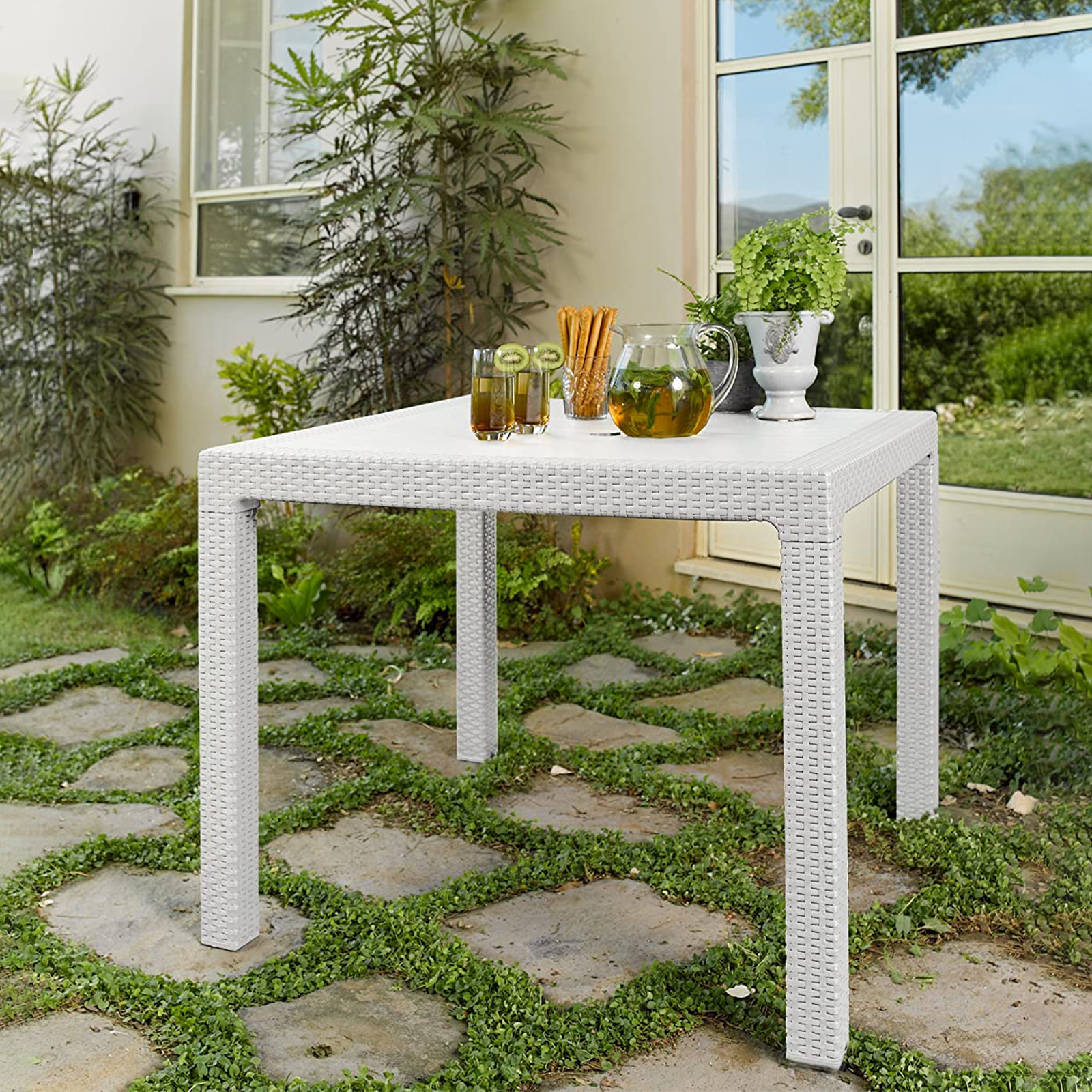 Tavolo quadrato da pranzo Quartet in resina con effetto rattan per giardino cm 95x95 74h