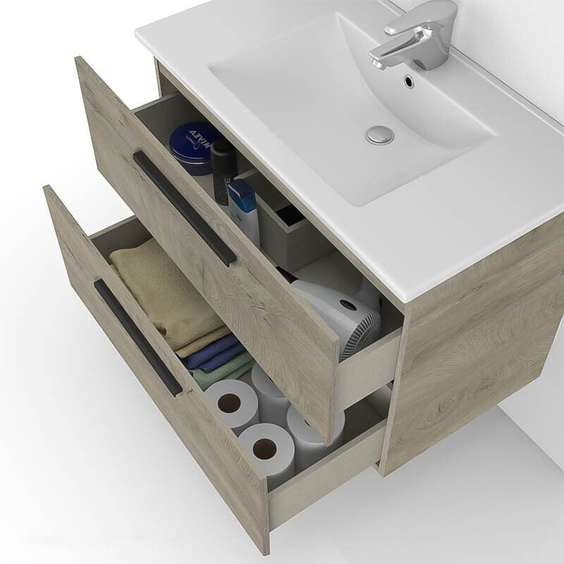 Mobile cassettiera sottolavabo per bagno in legno con specchio e piedini rialzati